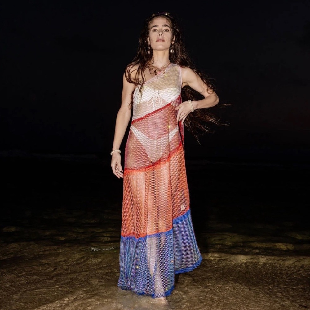 Queen of Sparkles beaded Mesh One Shoulder Asymmetrical‎ Swim Coverup Sz M